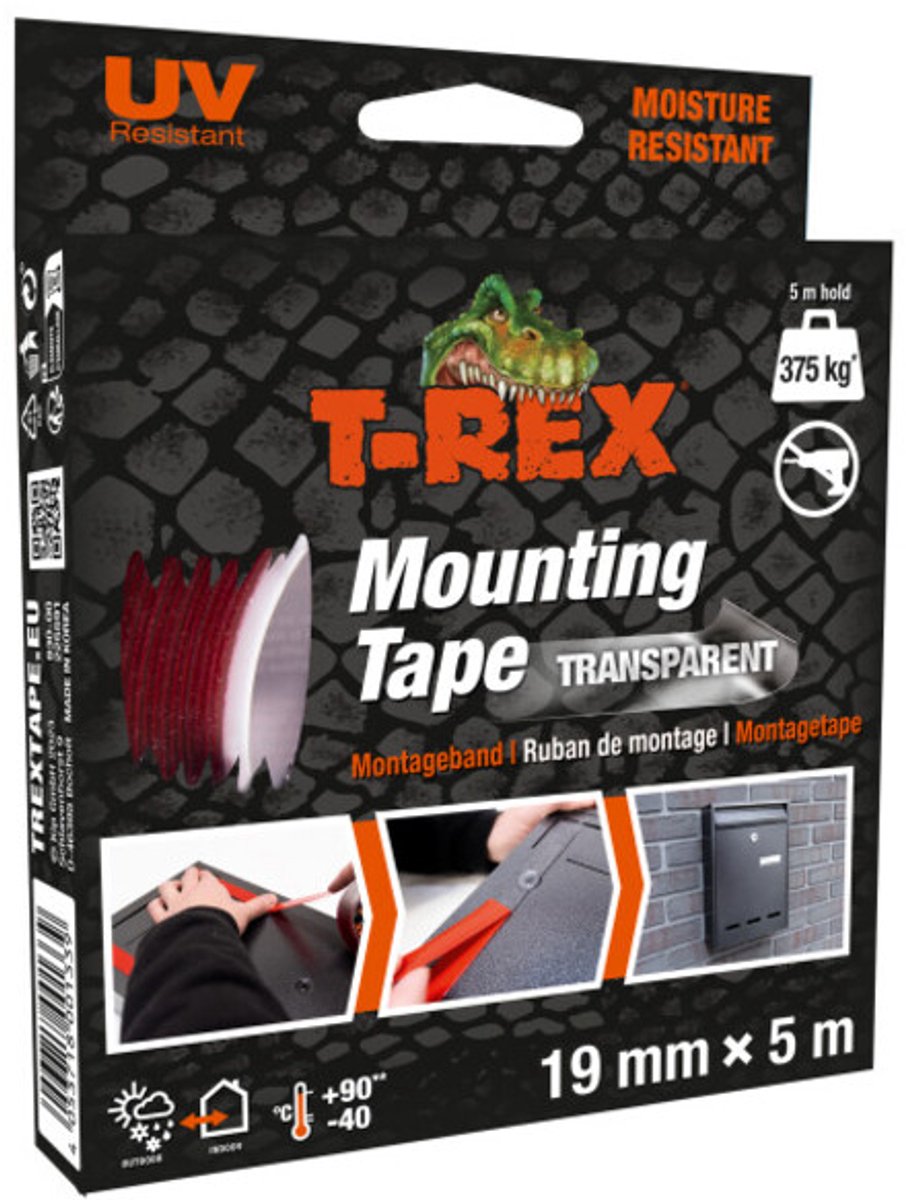 T-Rex-Montageband – extra starkes doppelseitiges Klebeband für die Montage im Innen- und Außenbereich – dauerhafte Befestigung ohne Bohren oder Schrauben – Belastbarkeit bis 375 kg – 19 mm x 5 m