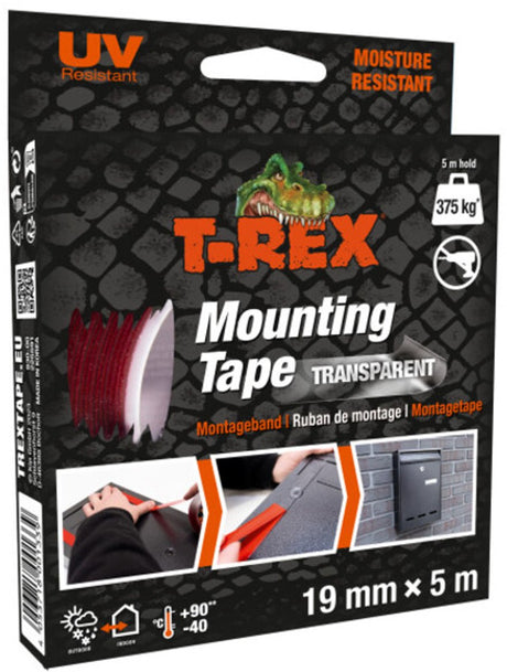 T-Rex-Montageband – extra starkes doppelseitiges Klebeband für die Montage im Innen- und Außenbereich – dauerhafte Befestigung ohne Bohren oder Schrauben – Belastbarkeit bis 375 kg – 19 mm x 5 m