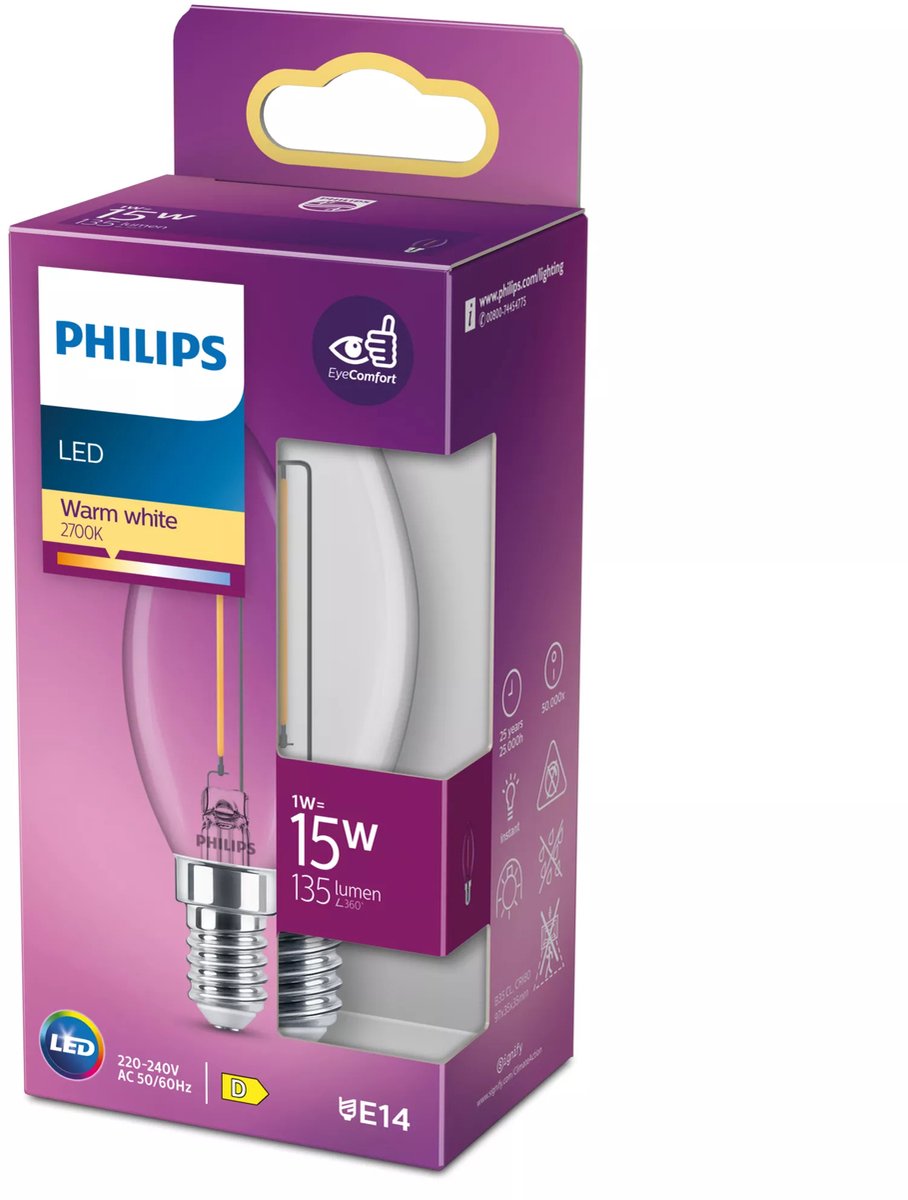 Philips led lamp - kaarslamp met e14 fitting - warmwit licht: 2700k - 15w - helder glas