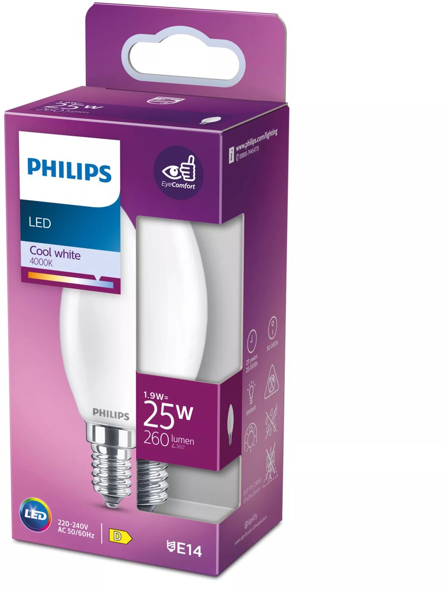 Philips led lamp - kaarslamp met e14 fitting - koelwit licht: 4000k - 25w - mat glas