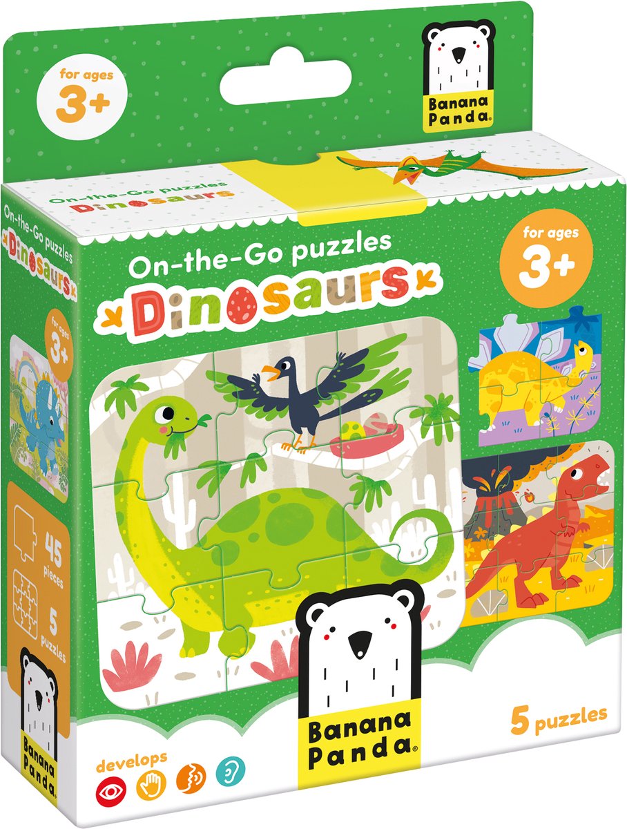 Bananen-Panda-Puzzle für unterwegs mit Dinosauriern 3+ – fünf Puzzles mit je 9 Teilen – lustiges Dino-Puzzlespielzeug.