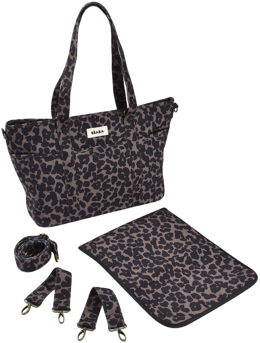 Béaba Wickeltasche Madrid – Stilltasche mit 11 Fächern – inklusive Wickelauflagen-Isothermfach – 22l Tragetasche – Leopardenmuster