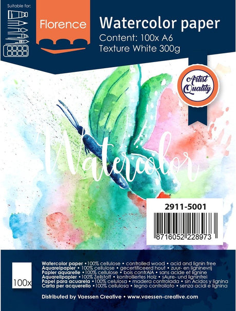 Florence vaessen aquarelpapier - intens white - a6 - 300 grams - lichte structuur - texture - florence - 100 vellen