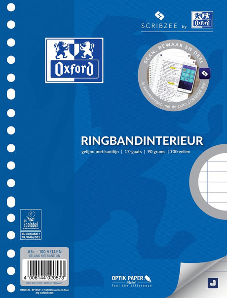 Oxford – Ringbuchpapier – A5 – 17 Löcher – Rand – 100 Blatt – 5 Packungen