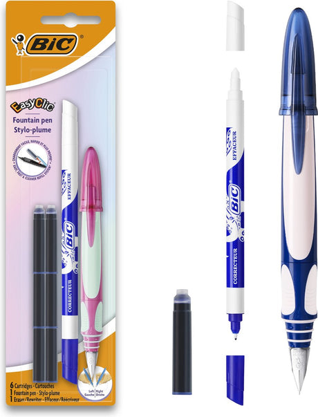 Ergonomischer Füllfederhalter Bic Easy Clic – Rosa oder Blau – Rechts- oder Linkshänder – 1 Füllfederhalter mit Tintenlöscher und 6 Tintenpatronen
