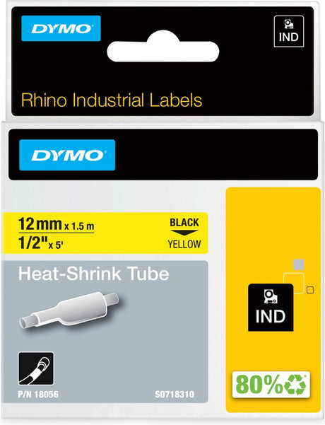 Dymo Rhino industrielle Schrumpfschlauchetiketten | 12 mm x 1,5 m | schwarzer Druck auf gelb | für Rhino-Etikettendrucker