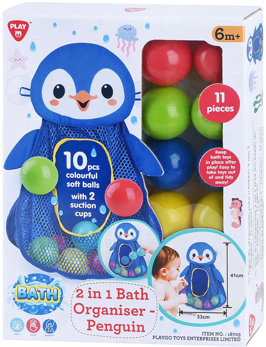Playgo Badespielzeug-Aufbewahrung Pinguin mit Bällen – 11 Stück.