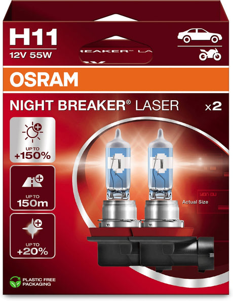 Osram Night Breaker Laser – H11-Halogen-Autolampen – bis zu 150 % mehr Licht und 150 m Sichtbarkeit – 64211nl-2hb – deutsche Qualität – Set mit 2 Lampen