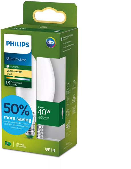 Philips led philips ultra efficient led - kaarslamp - mat - 40w - e14 fitting - dimbaar warmwit licht - energielabel a