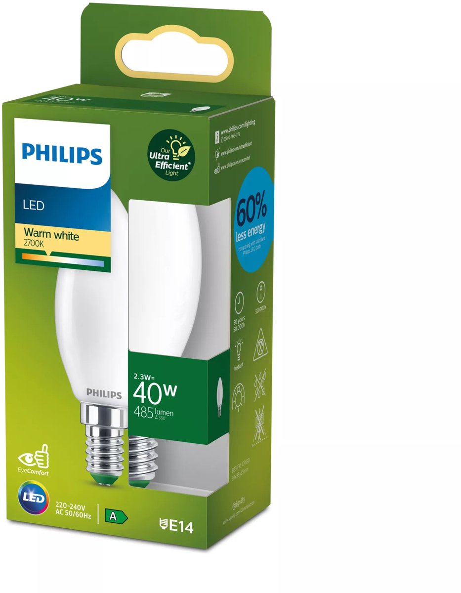 Philips led philips ultra efficient led - kaarslamp - mat - 40w - e14 fitting - dimbaar warmwit licht - energielabel a