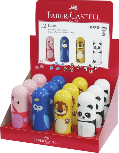 Faber-Castell Bleistiftspitzer mit Radiergummi – Tiermotive – Display 12 Stück – fc-583513