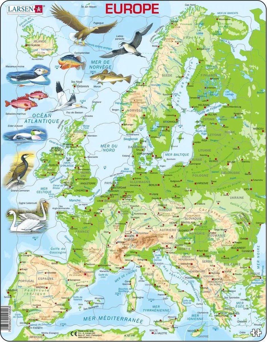 Larsen Carte Topographique de l'Europe – Puzzle – Europa – Geographie-Körper – Puzzle éducatif pour enfants – 87 Teile – hergestellt in Norwegen – Teile extra épaisses de 2,5 mm – Plateau mit fester Platte
