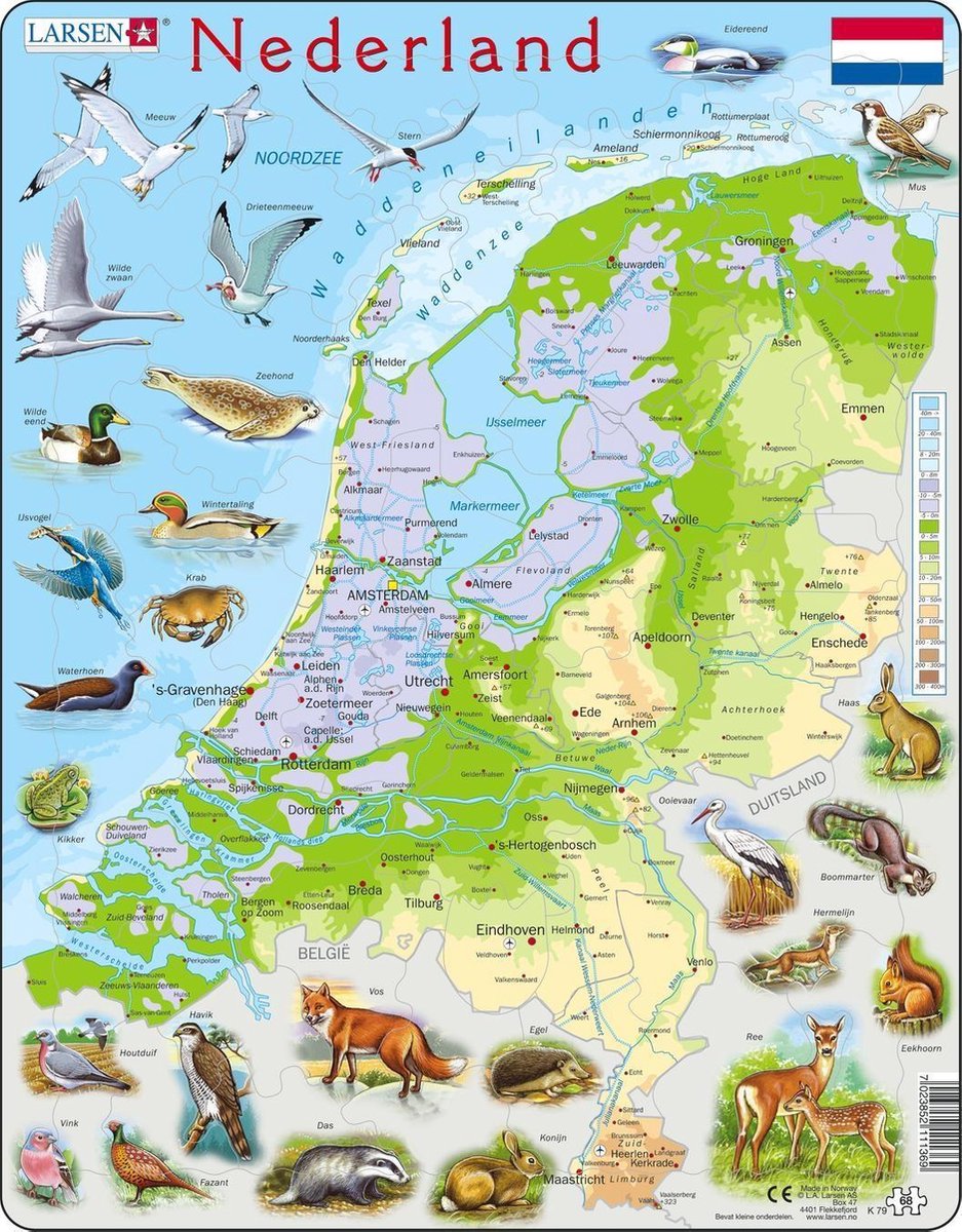 Selecta Larsen Puzzle-Karte Niederlande – geografisch mit Tieren, 68 Teile.