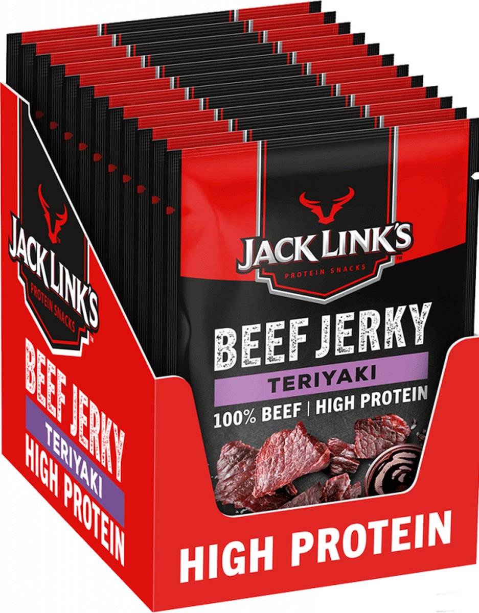 Jack Link's Teriyaki Beef Jerky – proteinreich – 100 % Rindfleisch – proteinreich – idealer Protein-Snack – für zwischendurch, unterwegs oder vor dem Sport – 12 x 60 g
