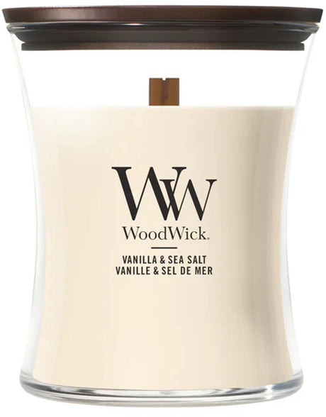 Mittlere Sanduhr-Duftkerze von Woodwick – Vanille-Meersalz – 60 Brennstunden