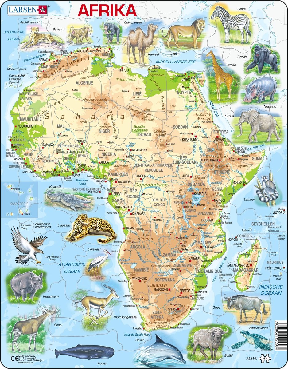Larsen Afrique Carte Topographique – Puzzle – Afrika – Pays et Animaux – Puzzle éducatif pour enfants – 63 Teile – hergestellt in Norwegen – Teile mit einer Stärke von 2,5 mm – Plateau mit fester Platte