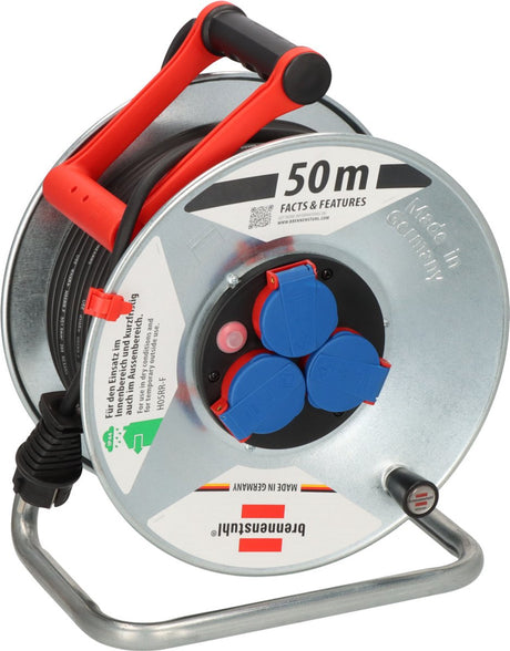 Brennerstuhl Garant S IP44 Kabeltrommel (50 m Kabel in Schwarz, Stahlblech, kurzfristiger Außeneinsatz, Made in Germany) Silber