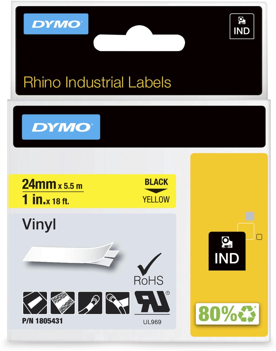 Dymo Rhino Industrie-Vinyletiketten | 24 mm x 5,5 m | schwarzer Druck auf gelb | Selbstklebende Etiketten für Rhino Label Manager-Etikettendrucker