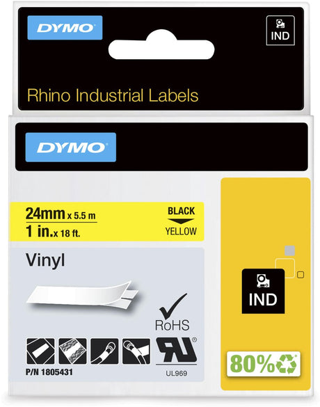 Dymo Rhino Industrie-Vinyletiketten | 24 mm x 5,5 m | schwarzer Druck auf gelb | Selbstklebende Etiketten für Rhino Label Manager-Etikettendrucker
