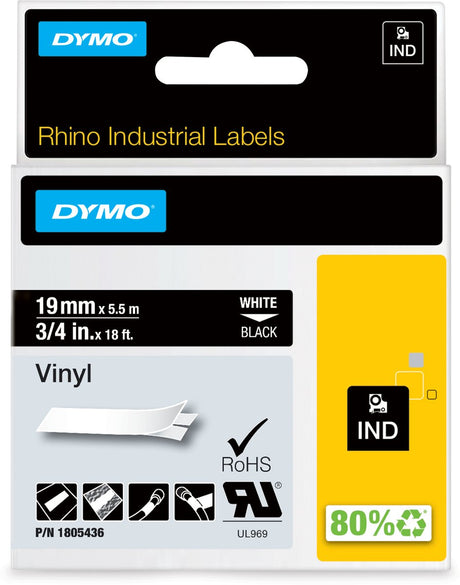 Dymo Rhino Industrie-Vinyletiketten | 19 mm x 5,5 m | weißer Druck auf schwarz | Selbstklebende Etiketten für Rhino Label Manager-Etikettendrucker