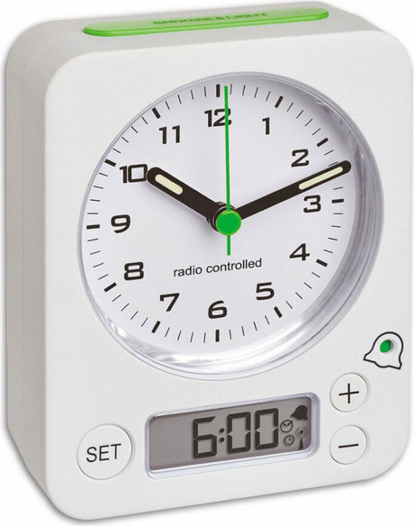 TFA Dostmann TFA 60.1511.02.04 – Wecker – analog – Zahlen – digitale Alarmeinstellung – funkgesteuerte Zeitanzeige – Schlummerfunktion – Hintergrundbeleuchtung – weiß