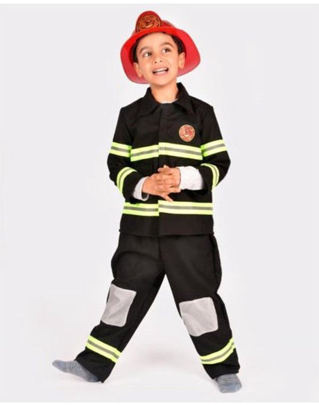Den Goda Fen Feuerwehrmann-Kostüm – Kostüm bestehend aus Jacke, Hose, Helm und Sturmhaube – 110–116 cm – 4–6 Jahre – Schwarz