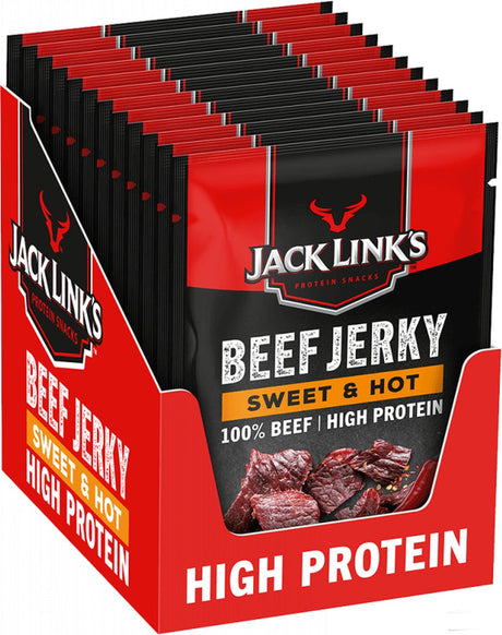 Jack Link's Sweet Hot Beef Jerky – proteinreich – 100 % Rindfleisch – proteinreich – idealer Protein-Snack – für zwischendurch, unterwegs oder vor dem Sport – 12 x 60 g