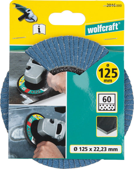Wolfcraft – Fächerschleifscheibe – 125 mm – Körnung 60 – Schleiffächerplatten-Winkelschleifer für Metall – 2016000