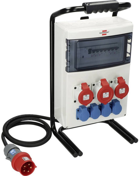 Brennerstuhl tragbarer Stromverteiler Verteilerblock (1x32a + 2x16a Cee-Steckdosen, 2m Kabel, für den Einsatz auf der Baustelle und den dauerhaften Außeneinsatz, mit Fi-Stecker)