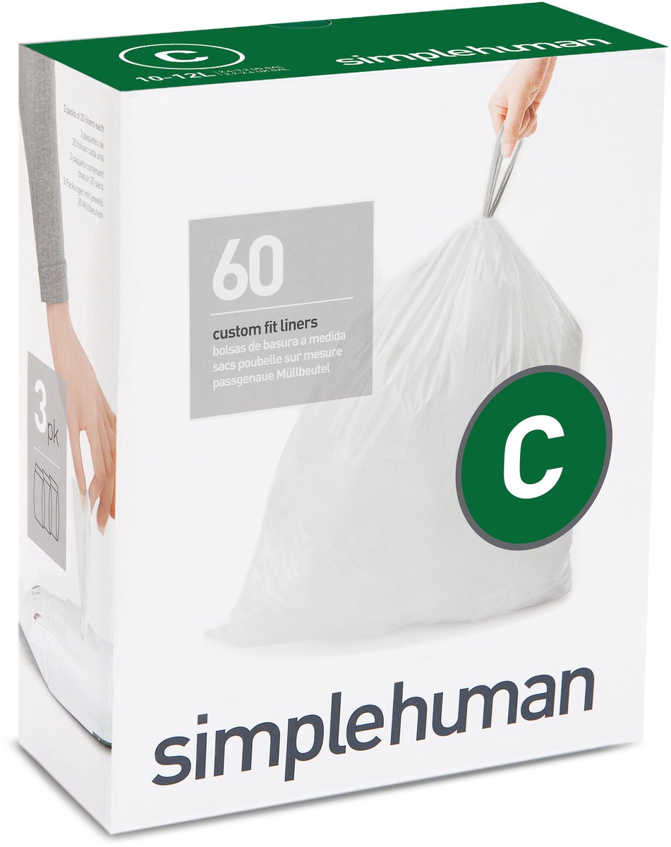 Simplehuman Code C Abfallbeutel – 12 Liter – 60 Stück – mit Kordelzug – weiß