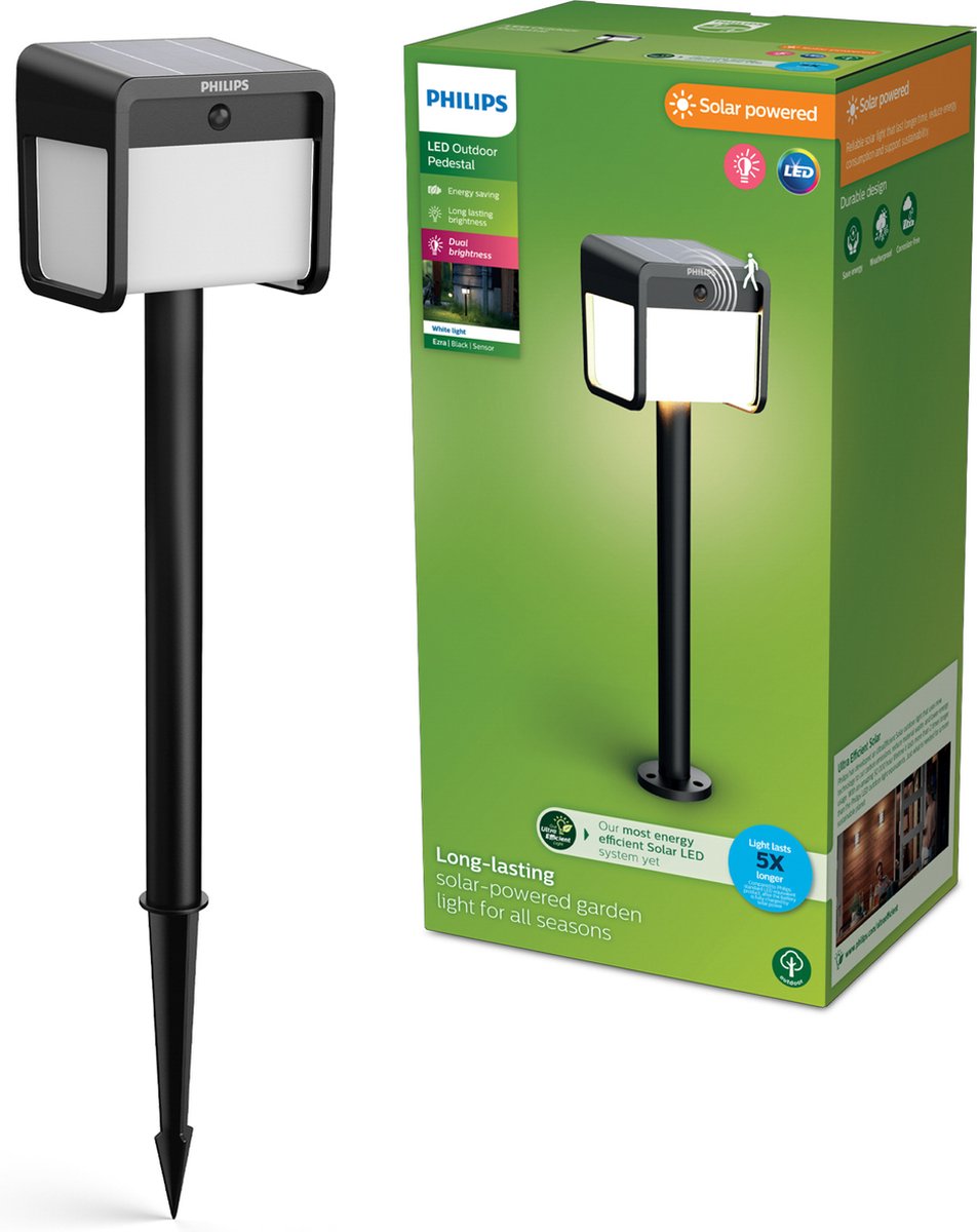 Philips led philips ezra sokkellamp -ultraefficient led - solar buitenlamp -helder warm licht; 3000k - zwart - bewegingssensor - zonne-energie - schemersensor - tuinpadverlichting