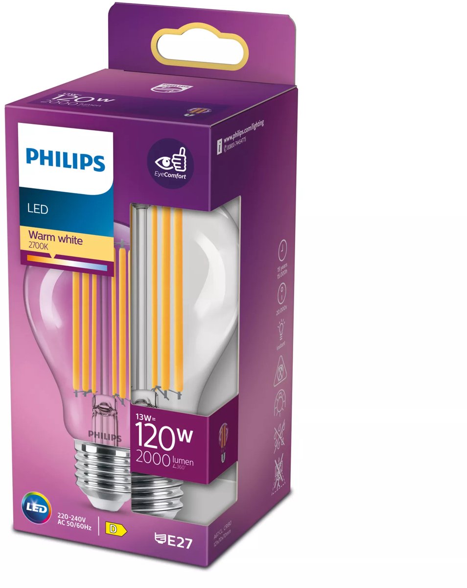 Philips led lamp transparant - 120 w - e27 - warmwit licht