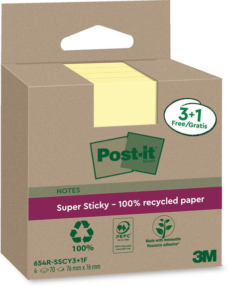 Post-it - super sticky notes recycled | 70 vel | ft 76 x 76 mm | geel | 3 + 1 gratis