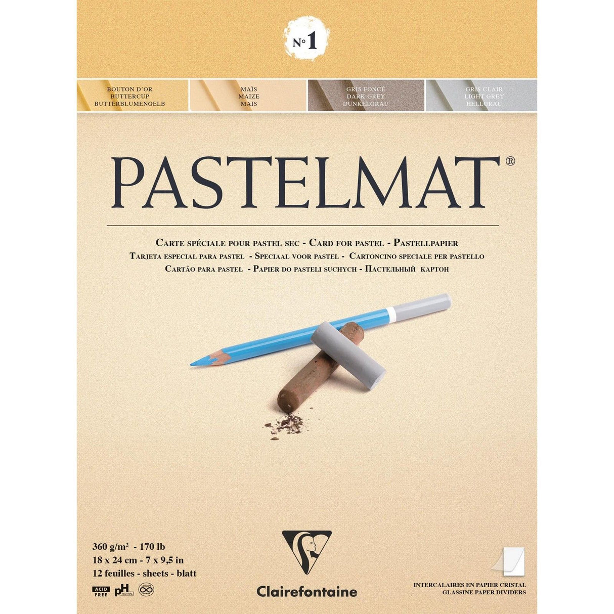 Clairefontaine • Pastell-Mattpapier Nr. 1, 360 g, 18 x 24 cm, 12-fach sortiert