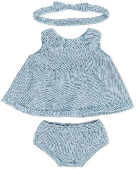Miniland ml-Puppen: Kleidungsset blau gestrickt für Mädchen 38 cm, umweltfreundlich und recycelt, 3-teilig, Kleid, Hose und Haarband, auf Kleiderbügel, 3+
