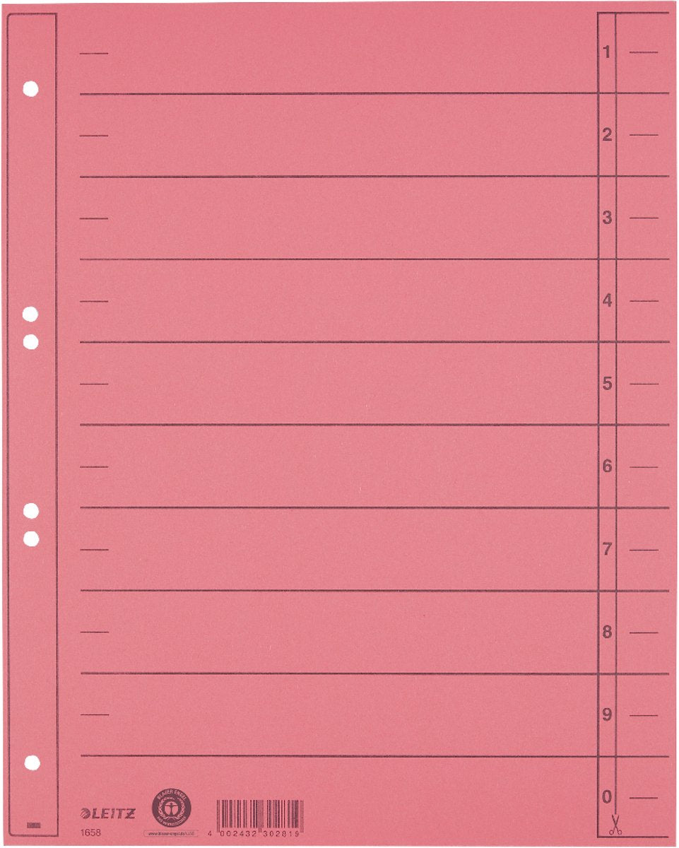 Leitz Registerkarton mit Skala – beschreibbare Register, 2 4-Ringe – für Ordner und Ringbücher – rot