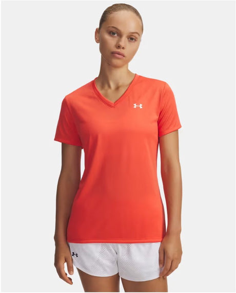 Under Armour Tech SSV – Solid-Red Damen-Sportshirt – Venom Red – Weiß