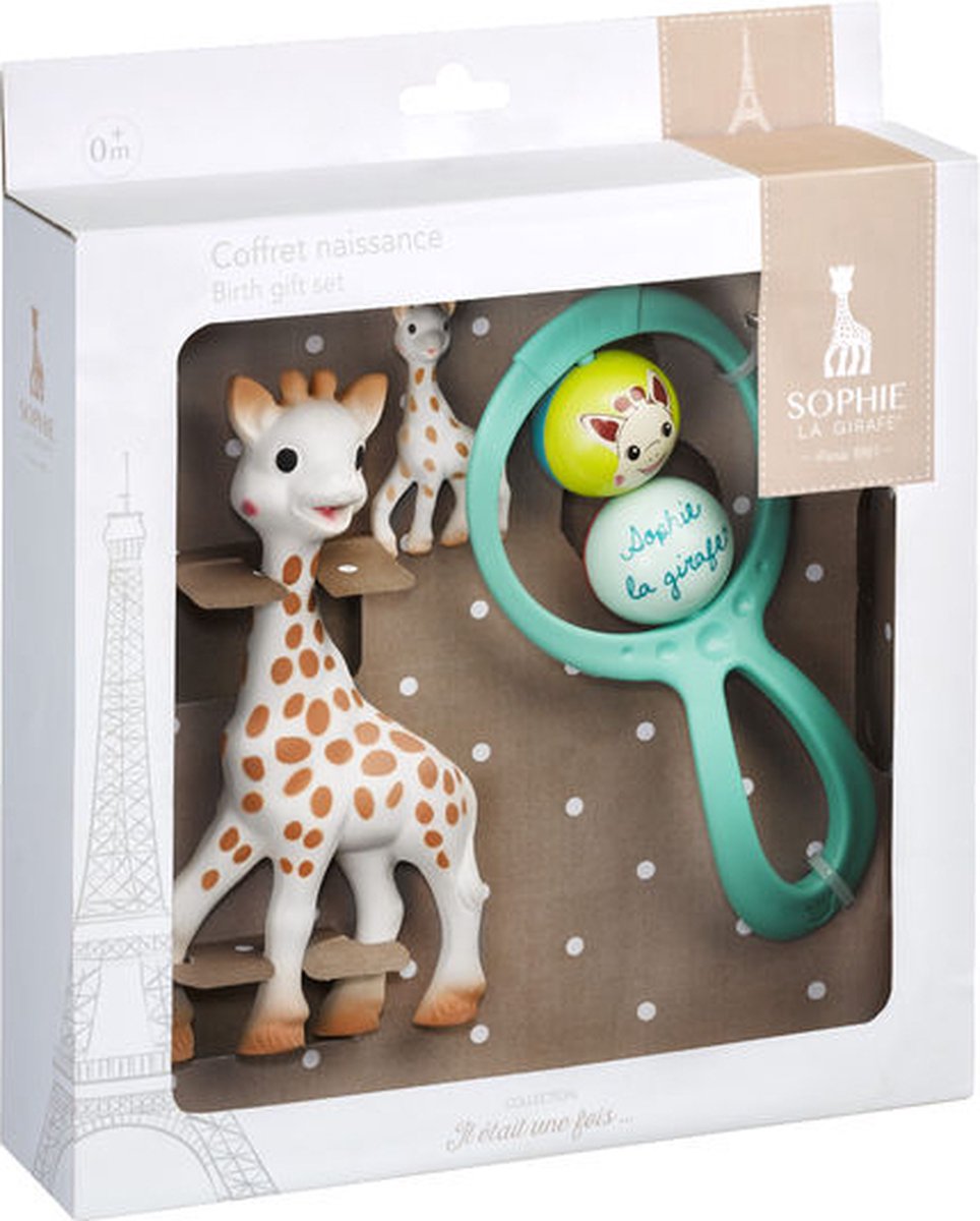 Sophie die Giraffe Geschenkset – Geschenkset zur Geburt – Geschenk zur Schwangerschaft – Geschenk zur Babyparty – Puppe, Schlüsselanhänger, Rassel – ab 3 Monaten – 3-teilig