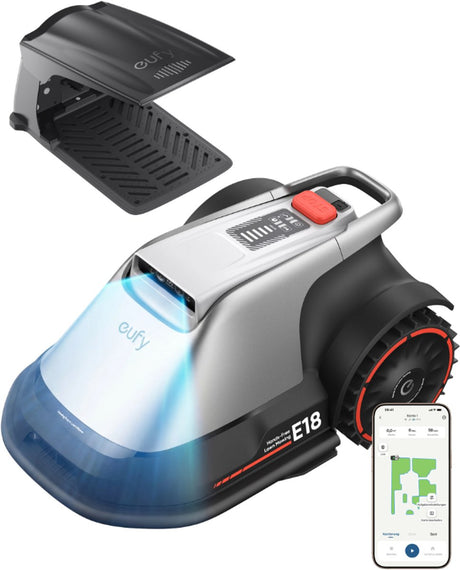 Eufy Roboter-Rasenmäher e18 – kabellos – ohne RTK – keine Signalprobleme – 5-Minuten-Einrichtung – automatische Kartierung bis zu 1200 m2 – Hindernisvermeidung – Aufsitzkante – Steuerung per App – mit Regenschutz