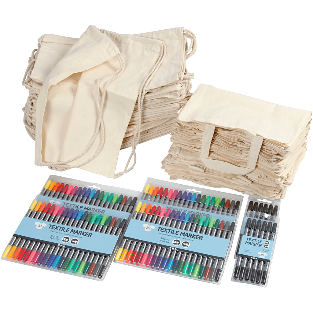 Creativ Company Group Set aus Rucksäcken und Taschen mit Markern, Größe 27,5x30 cm, verschiedene Farben, 1 Set
