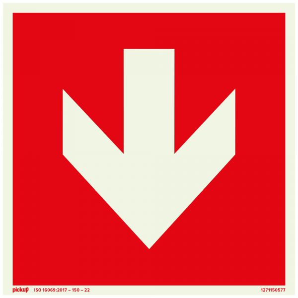 Rotes Schild mit Pfeil ftlm - 150x150 mm selbstklebend.