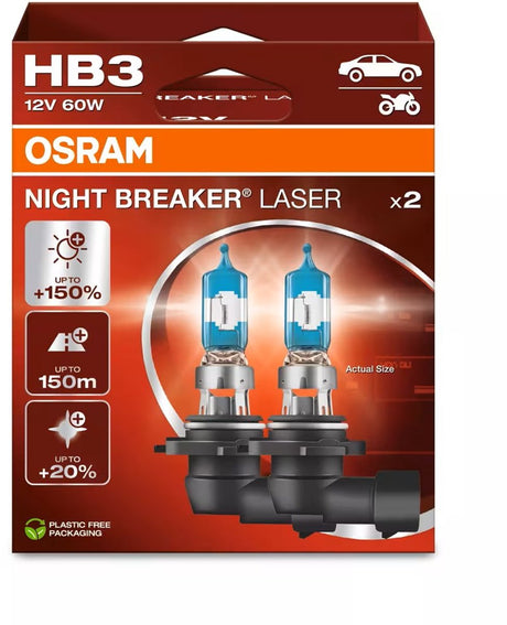 Osram Night Breaker Laser – 9005 HB3 Halogen-Autolampen – bis zu 150 % mehr Licht und 150 m Sichtbarkeit – 9005nl-2hb – Set mit 2 Lampen