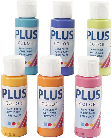 Plus Color Acrylfarbe verschiedene Farben – Acrylfarbe, Acrylfarbe, Hobbyfarbe, Basteln und Malen, schnell trocknend, bunt, 6 x 60 ml – inkl. Crea-Geschenk