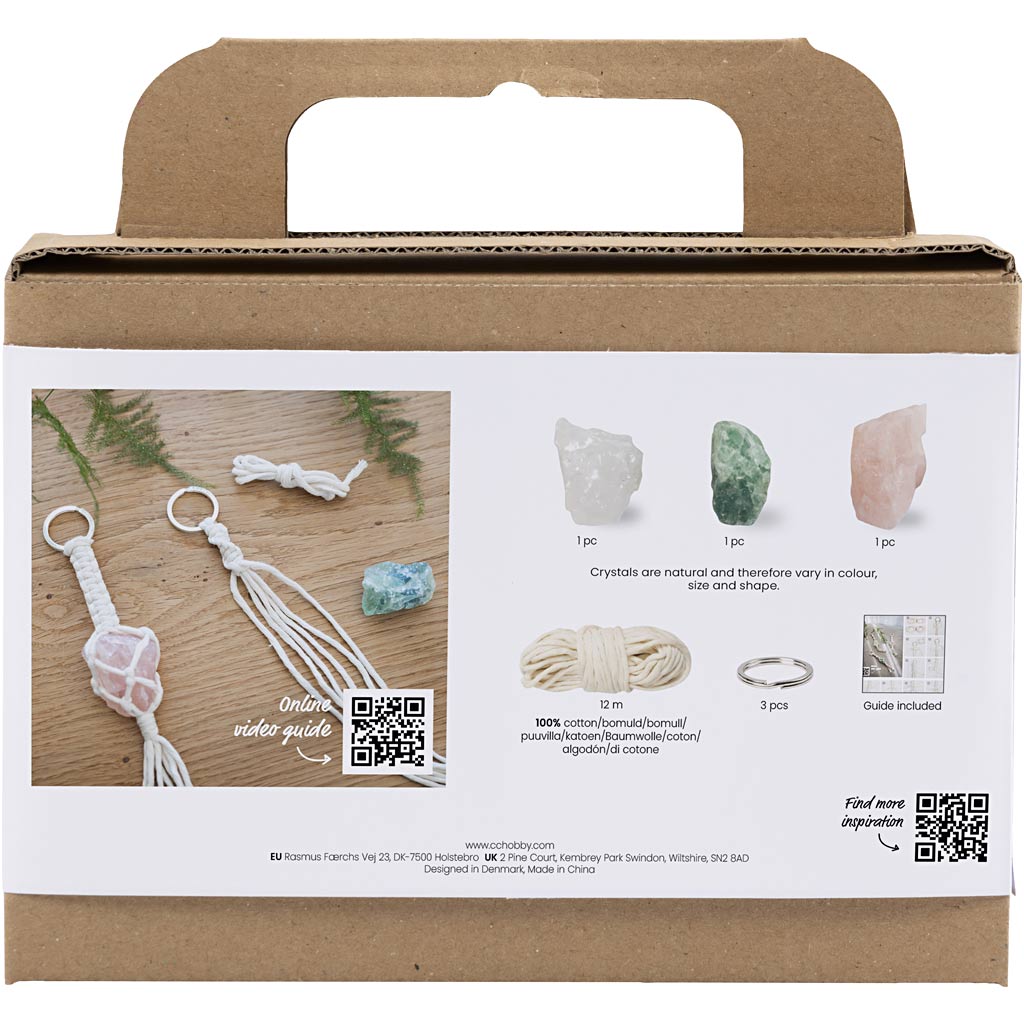 Creativ Company Mini-Hobby-Set Makramee, Schlüsselanhänger, matt transparent, staubiges Grün, zartes Rosa, helles Natur, 1 Box
