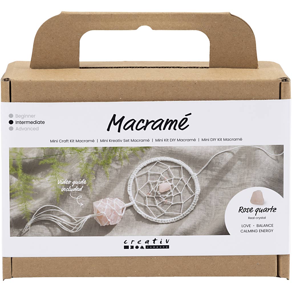 Creativ Company Mini-Hobby-Set Makramee, Traumfänger mit Rosenquarz, hellrosa, weiß, 1 Box