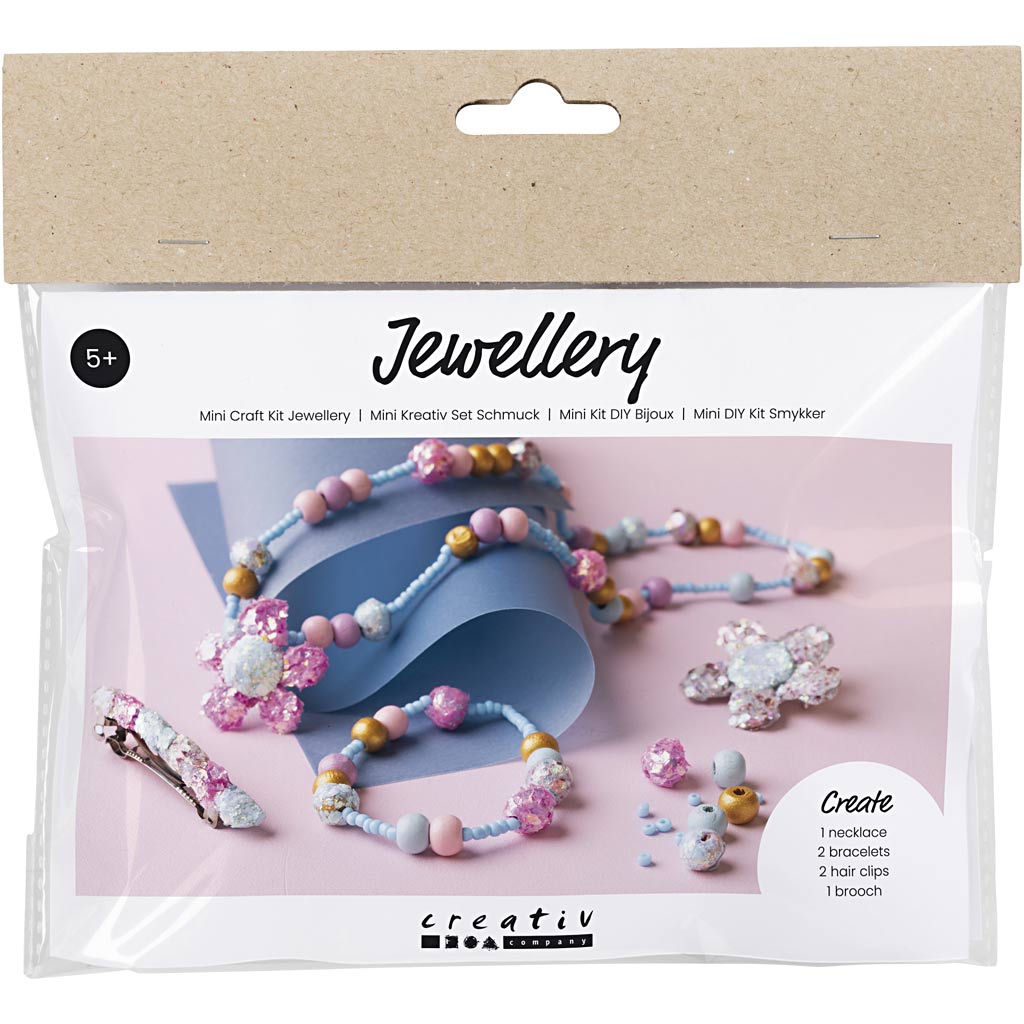 Creativ Company Mini-Hobby-Set, Schmuck, Halskette, Armband, Clips, Brosche, Blau, Hellblau, Pastellrosa, 1 Box