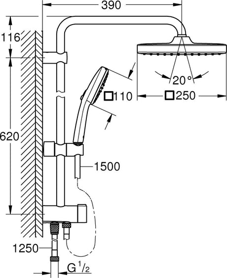 Grohe Vitalio Comfort 250 Flex Duschsystem mit Einbaumöglichkeit für die Wandmontage – ohne Thermostaat – wassersparend – mattschwarz