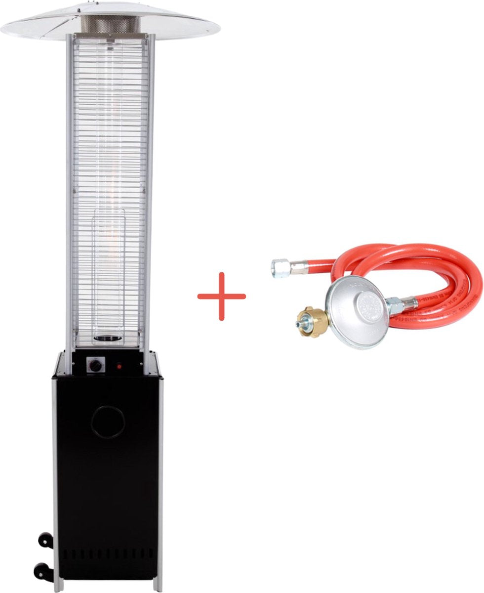 Sunred – gas flame torch - gas lijn - zwart - staand model - terrasverwarmer - gas - 12000 w – verschillende standen - elektrische ontsteking - gas heater - compleet: incl. gasdrukregelaar slang