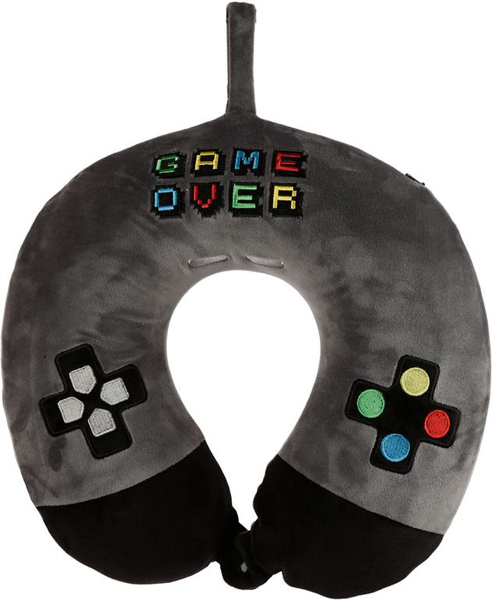 Puckator Nackenkissen mit Aufhängeöse für Kinder – Game Over – Grau – Polyester – Reisekissen für unterwegs