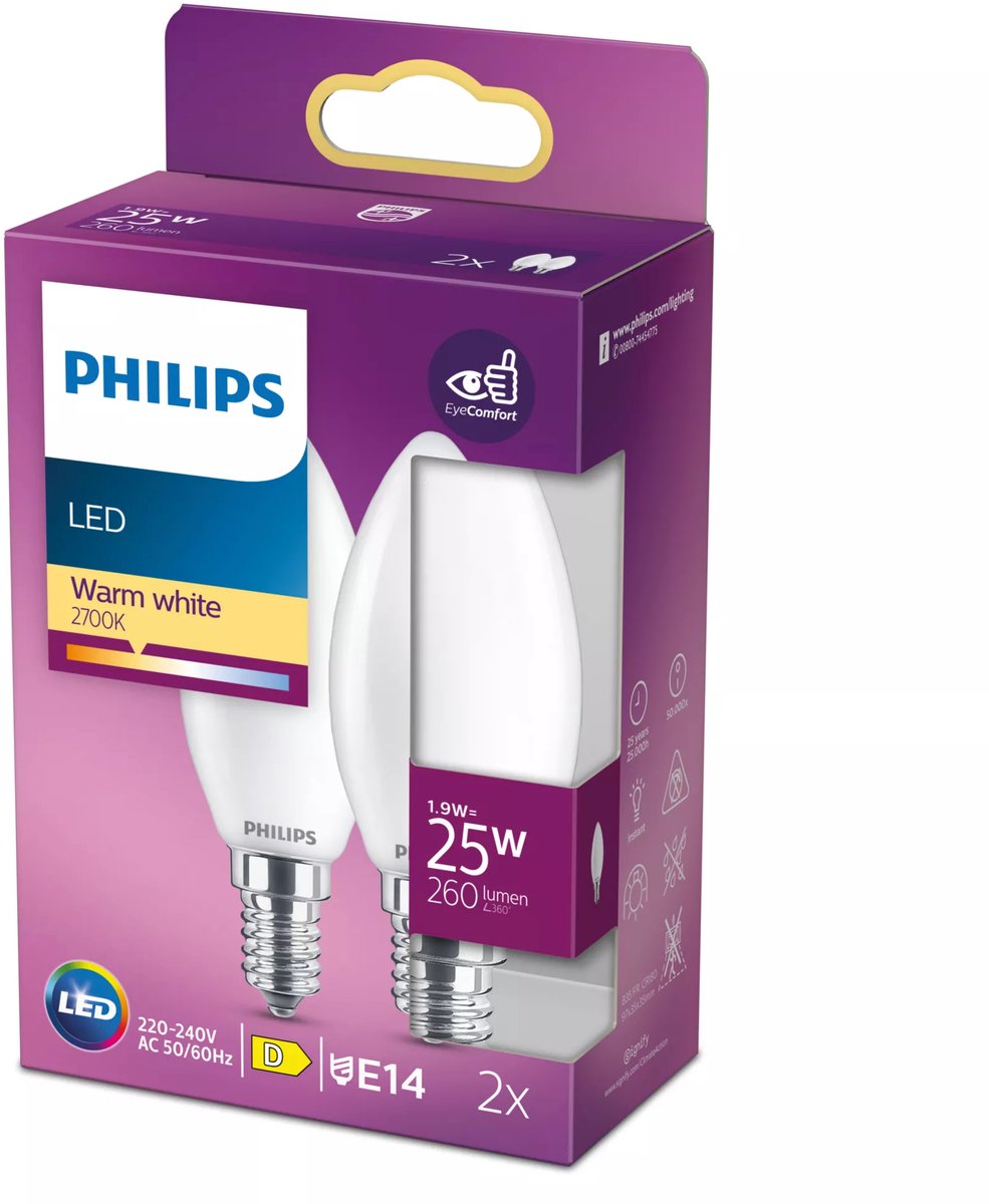 Philips led lamp - kaarslamp met e14 fitting - warmwit licht: 2700k - 25w - mat glas - 2-pack